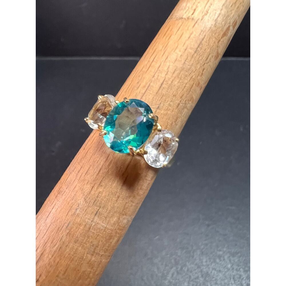 Vintage 10K Yellow Gold Blue Topaz & White Topaz Three-Stone Ring – Size 7